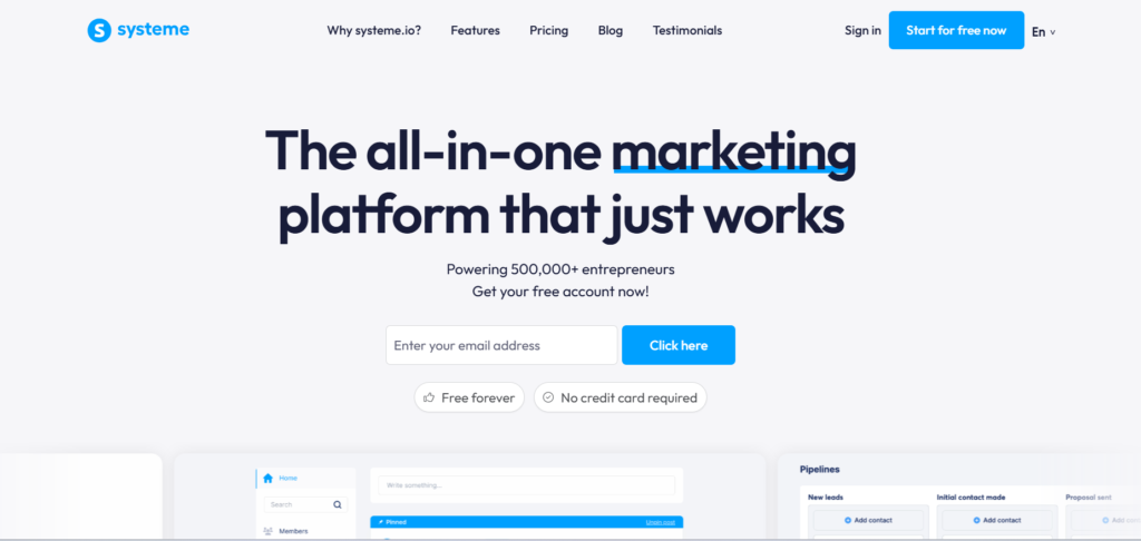 Systeme.io dashboard email for side hustlers