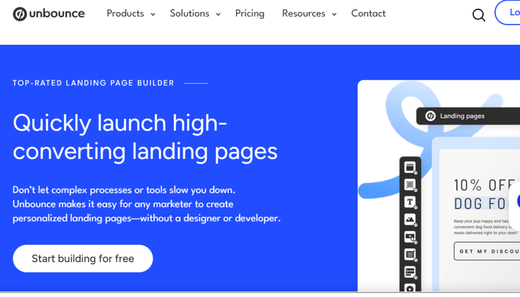 Unbounce landing page editor with sections and testing options