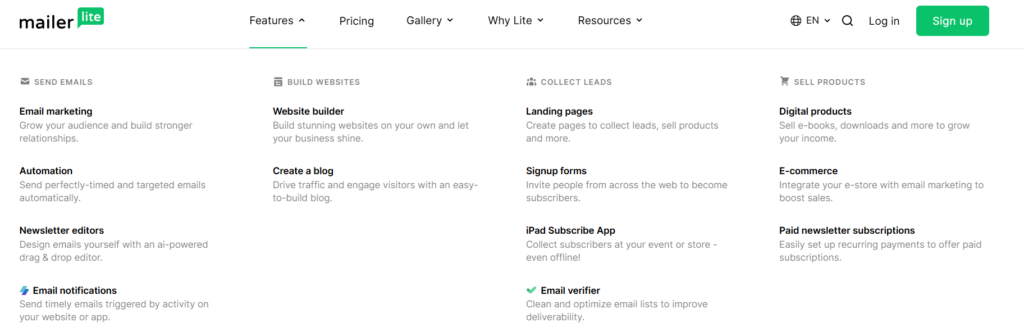 mailer lite -  email features for side hustlets