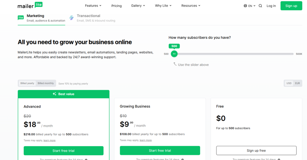 mailer lite pricing plans email for side hustlers