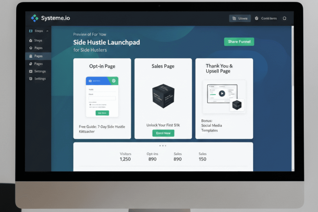 Preview of a done-for-you Systeme.io share funnel for side hustlers