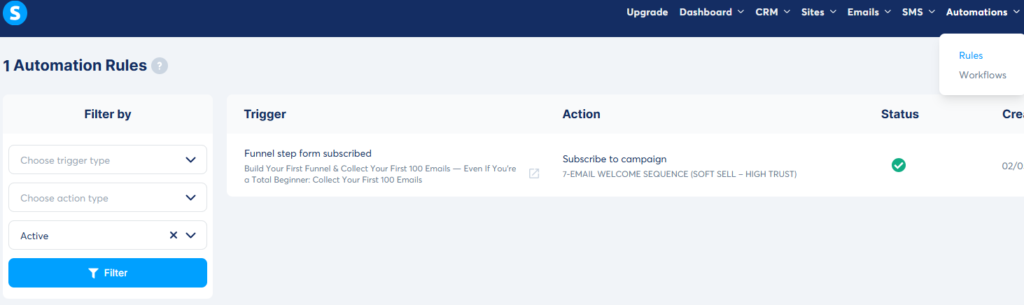 Setting up automation rules in Systeme.io for new landing page subscribers