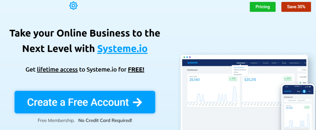 Systeme.io dashboard for side hustlers building a free landing page