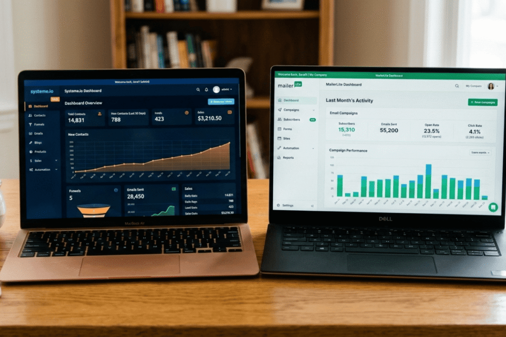Side-by-side view of Systeme.io dashboard and MailerLite dashboard