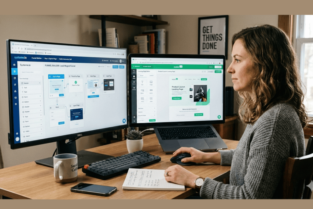 Systeme.io funnel builder compared to MailerLite landing page editor