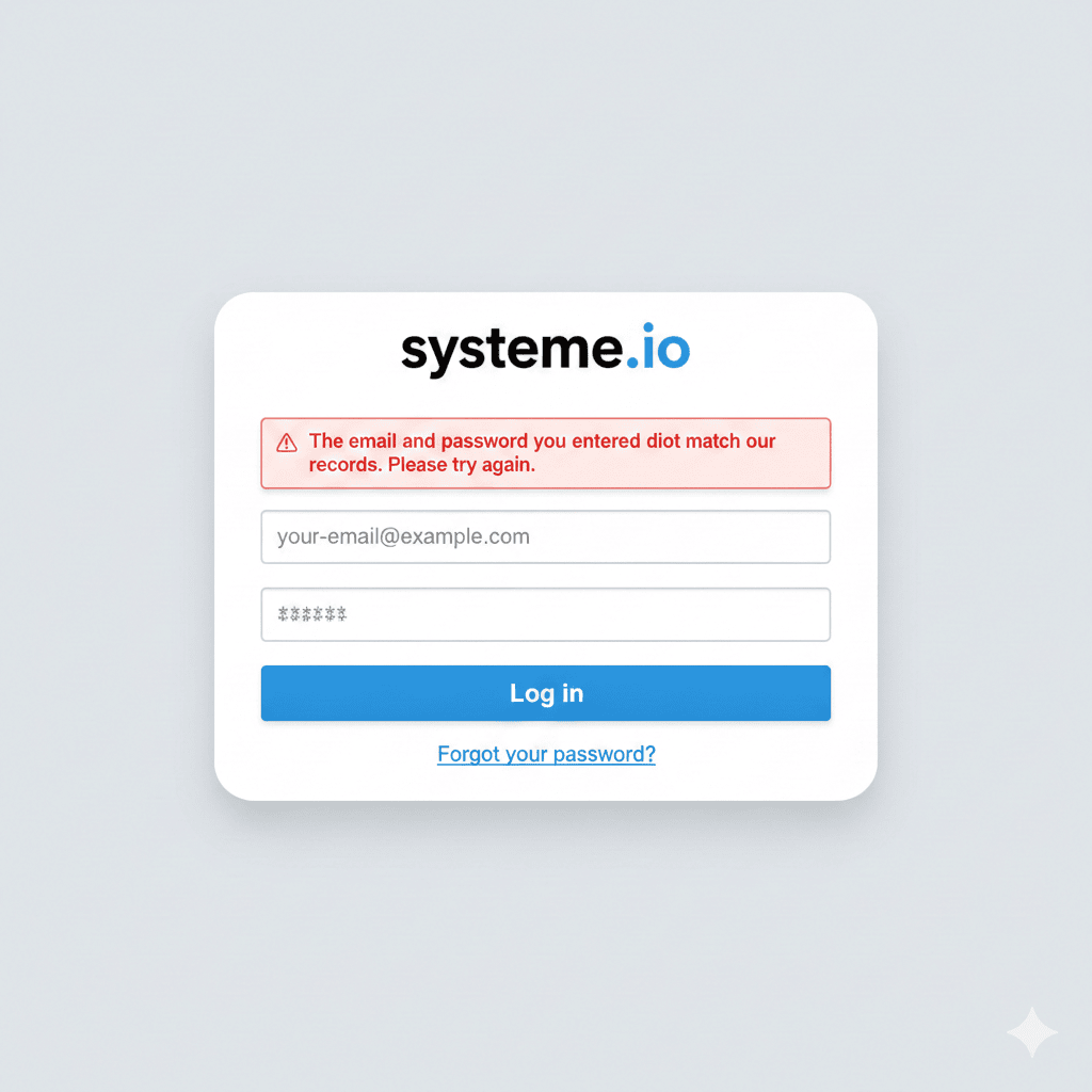Systeme.io login error message with invalid password
