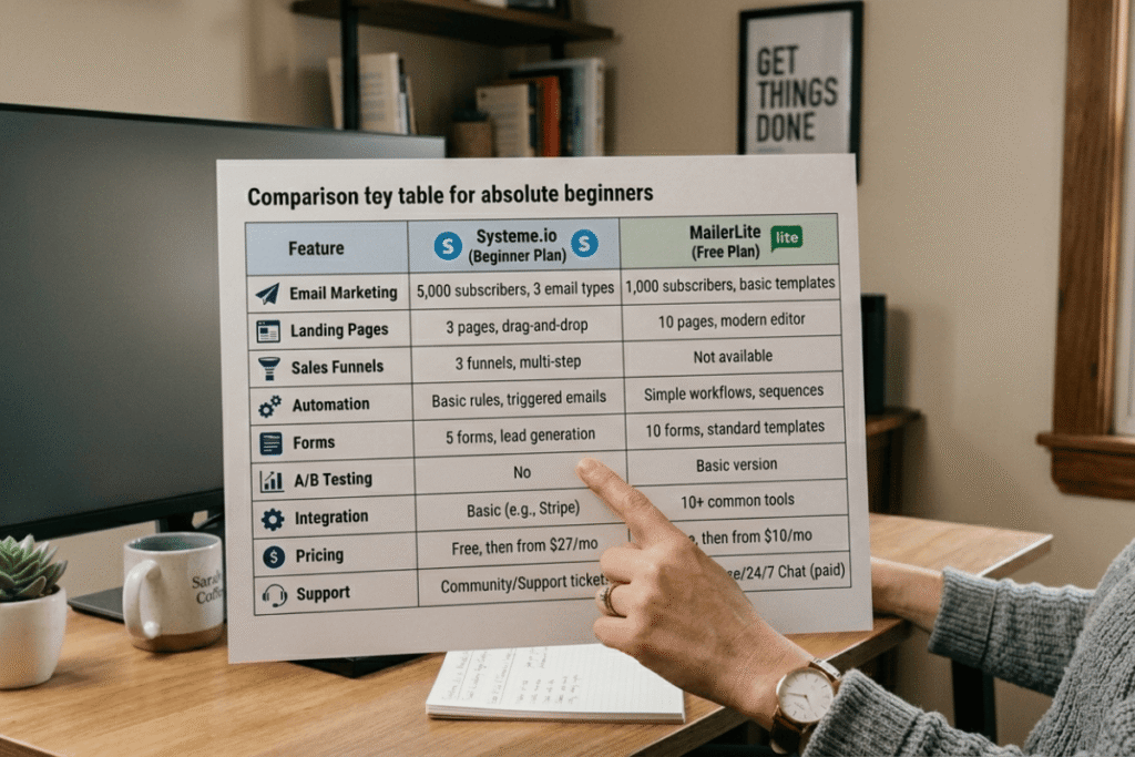 Table comparing Systeme.io and MailerLite features for beginners