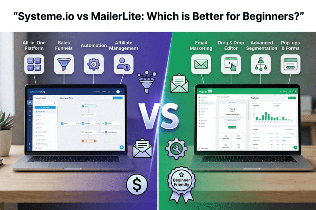 Systeme.io vs MailerLite comparison overview graphic for beginners