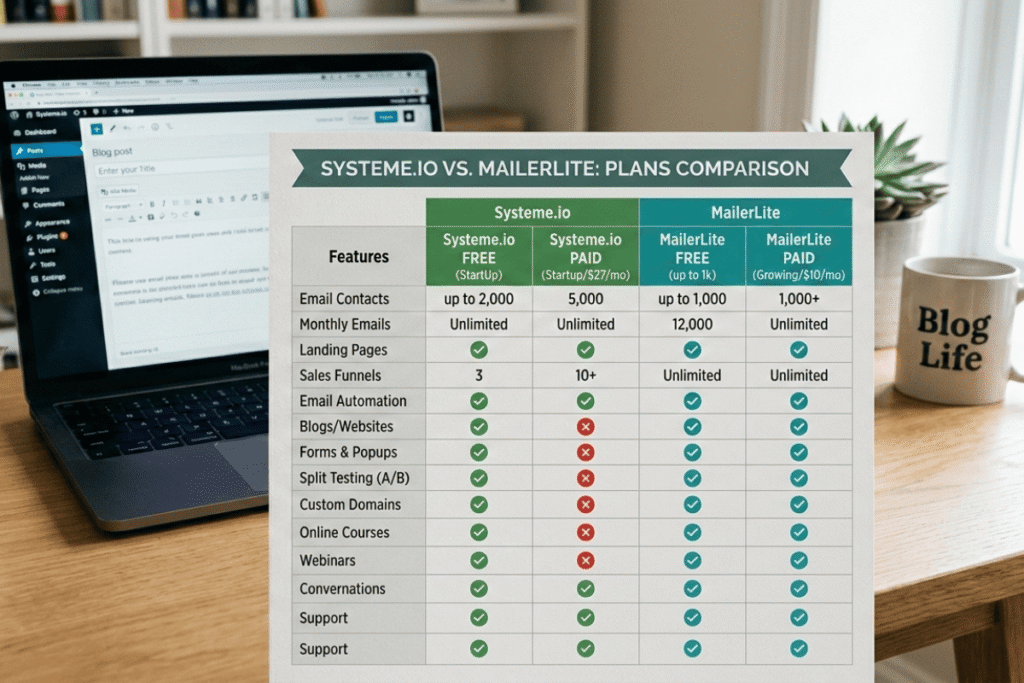 Pricing table comparing Systeme.io plans with MailerLite plans