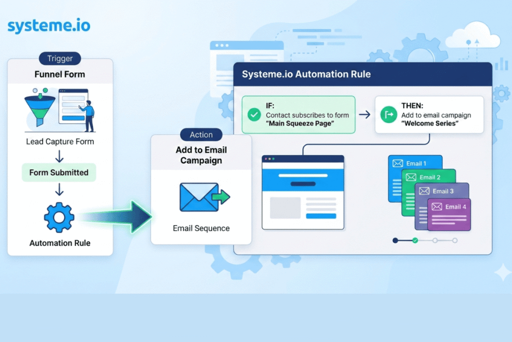 Systeme.io automation rule connecting funnel form to email campaign