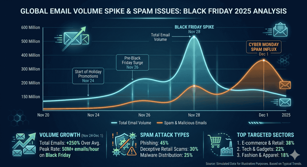 Graph showing email volume spike and spam issues during Black Friday 2025
