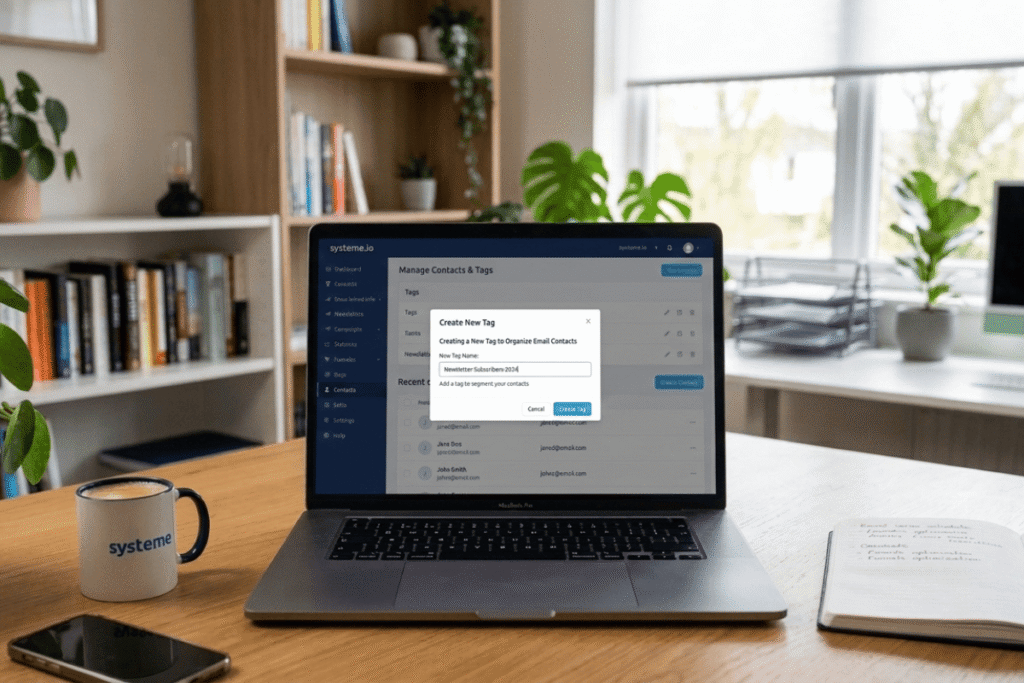 Creating a new tag in Systeme.io to organize email contacts