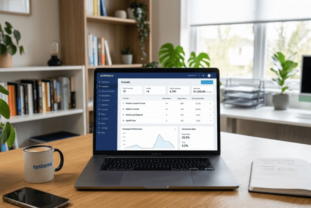 Systeme.io dashboard showing menus for funnels and email marketing