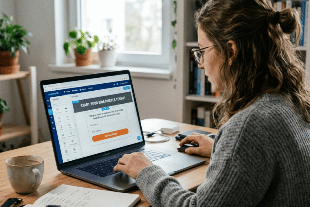 Systeme.io opt-in page editor with email form for side hustlers