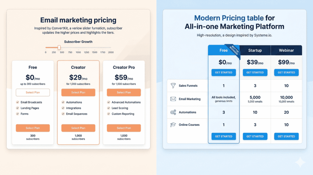 Pricing & Free Plan Comparison system,io vs convertkit