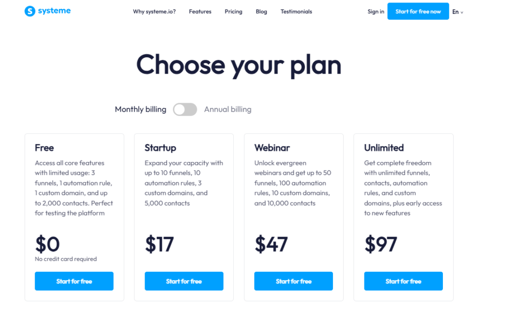 Systeme.io pricing plans for small email lists and side hustlers