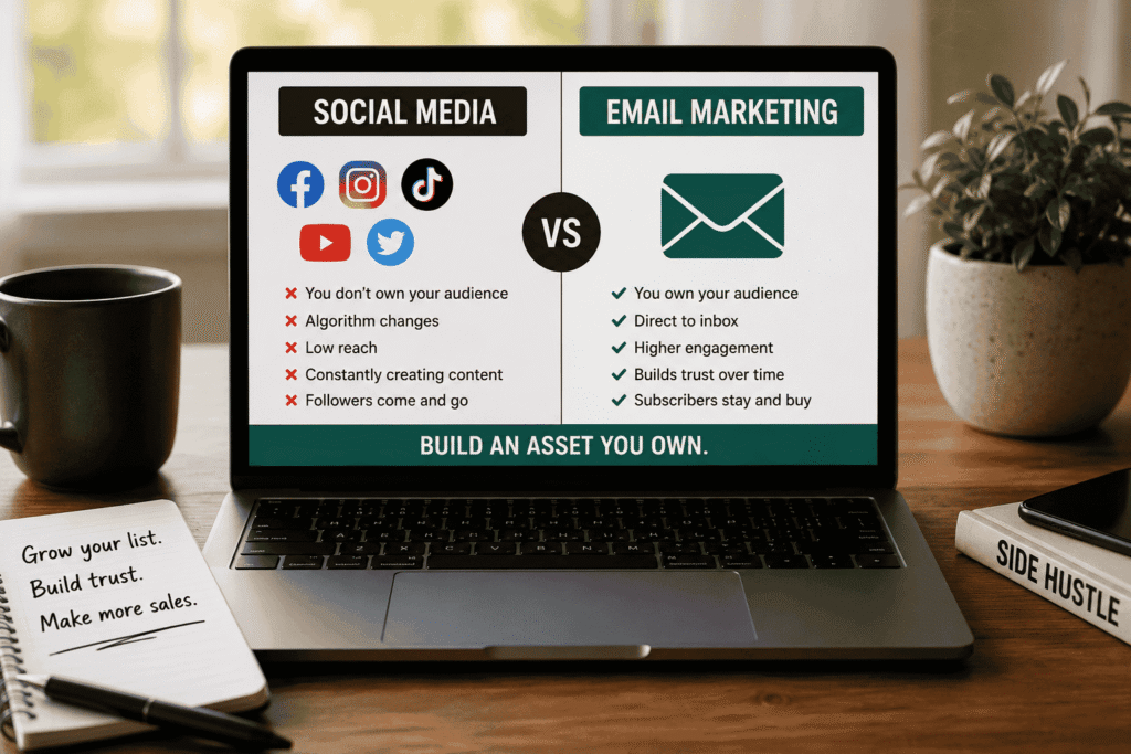 Side hustler comparing social media followers vs email subscribers dashboard for email marketing for side hustlers.