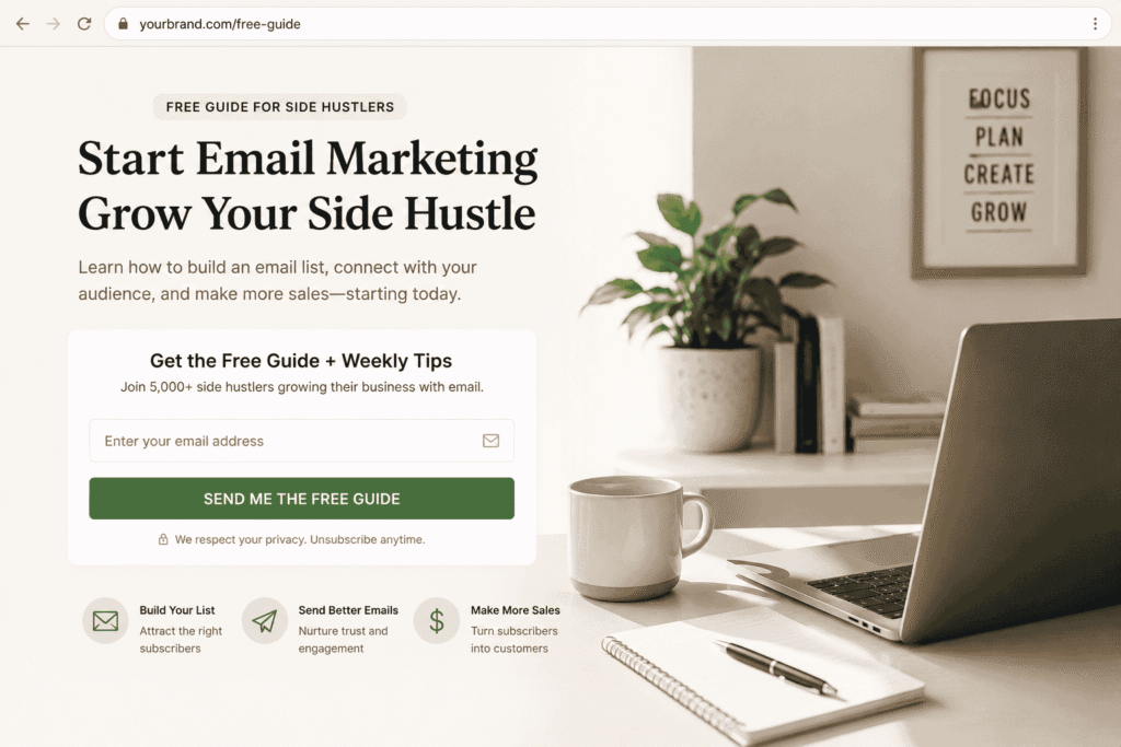 Simple email opt‑in landing page template for a side hustler lead magnet in email marketing for side hustlers.