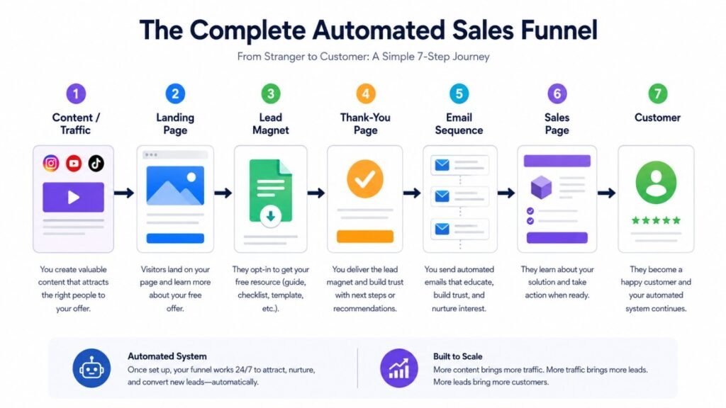 How to Build a Complete Sales Funnel for Free (Step-by-Step Guide complete automated sales funnel workflow from traffic to customer