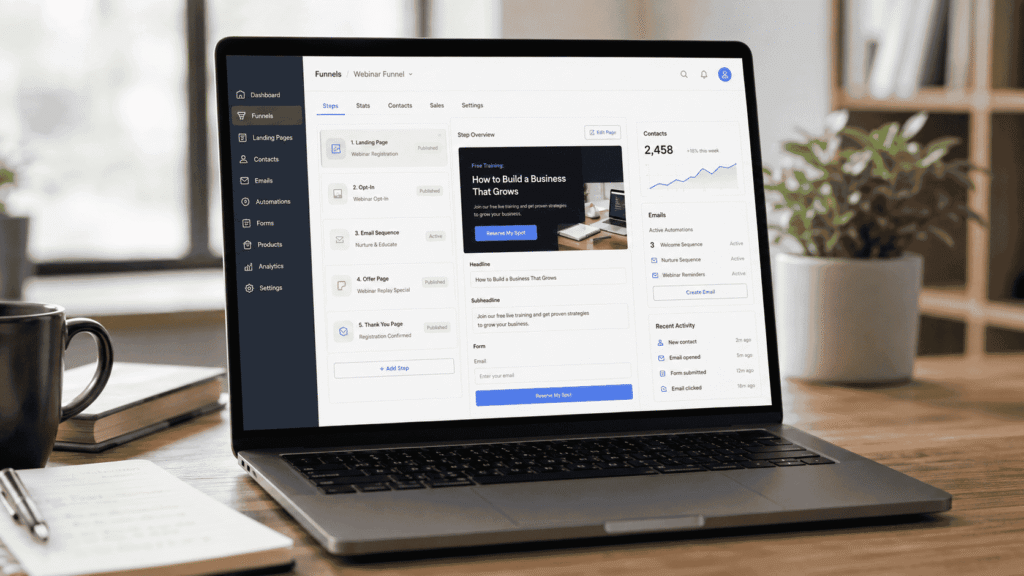 How to Build a Complete Sales Funnel for Free (Step-by-Step Guide free funnel building tool with landing page, contacts, and email automation dashboard