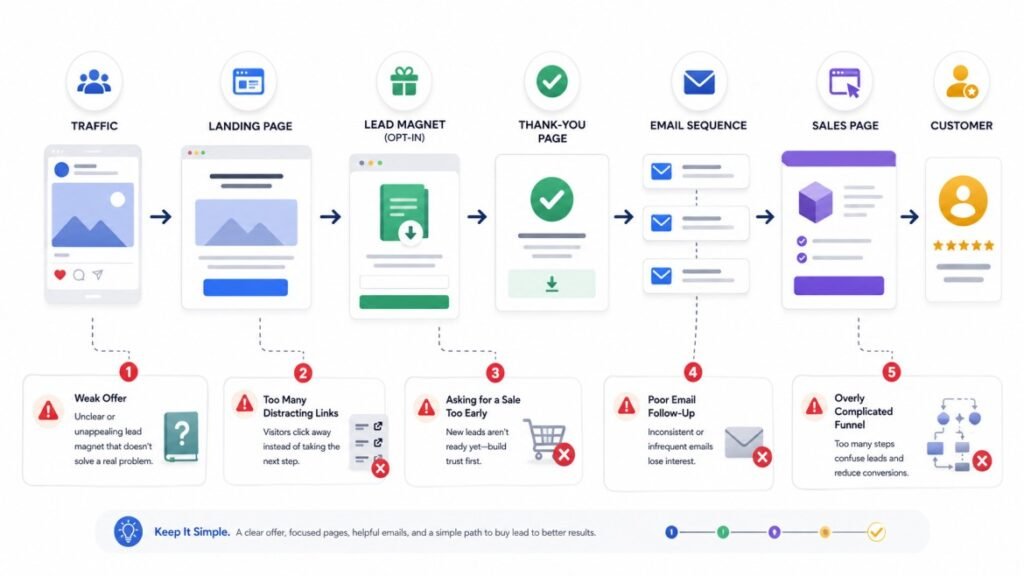 How to Build a Complete Sales Funnel for Free (Step-by-Step Guide sales funnel showing common mistakes that can cause leads to drop off